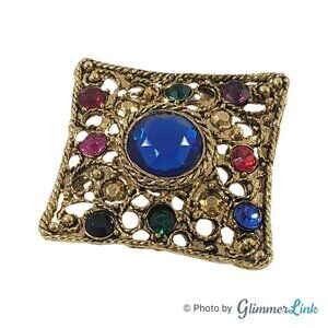 Vintage Multicolor Square Filigree Gold Tone Brooch Pin